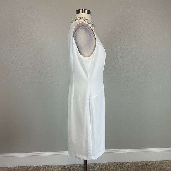 Adrianna Papell White Beaded Halter Sheath Cocktail Dress Size 12 Sleeveless - Picture 3 of 12